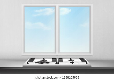 Gas and electric stove on table surface front of kitchen window and blue sky view on white wall background. Turn off ovens, burners with off hobs. Cooking appliance realistic 3d vector rendering