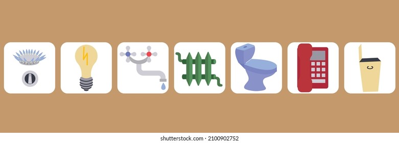 Gas, electricity, water, heating, sewerage, telephone, garbage collection icons set. The concept of saving energy, paying utility bills. Vector stock illustration isolated on white background.