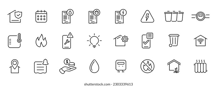 Gas, electricity, water public utilities line icon set. Editable stroke illustration