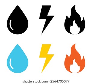 Gas, Electricity and water vector icon set on white background. Thunderbolt or lightning, drop water, and fire sign symbol in black, blue, yellow and red color.