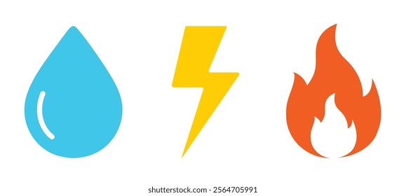 Gas, Electricity and water vector icon set on white background. Thunderbolt or lightning, drop water, and fire sign symbol in blue, yellow and red color.