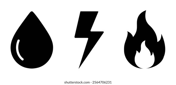 Gas, Electricity and water vector icon set on white background. Thunderbolt or lightning, drop water, and fire sign symbol in black color.