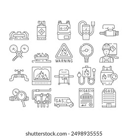 gas energy oil power pipeline icons set vector. blue fuel, industry pipe, plant station, flame petrol, refinery production, stove gas energy oil power pipeline black contour illustrations