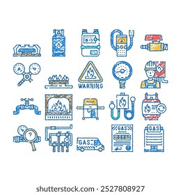 gasoduto de energia oleoduto doodle ícones definir vetor. esboço linha arte azul combustível, tubulação da indústria, estação de fábrica, gasolina chama, produção de refinaria, fogão gasoduto de energia oleoduto ilustrações de cor