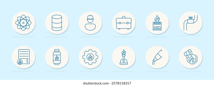 Gas and energy set icon. Atom symbol, barrels, worker, briefcase, stove, pipeline, gas contract, gas filter, flame gear, Bunsen burner. Represent natural gas production, tools, and safety