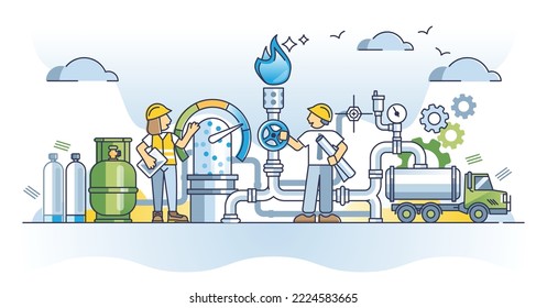 Ingeniería de gas y trabajo con el concepto de la estación de almacenamiento de recursos naturales. Conocimientos industriales profesionales sobre la inspección, el mantenimiento o la ilustración de vectores de construcción de instalaciones de tuberías