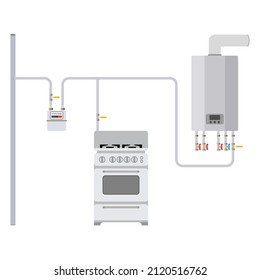 Gas Equipment Connection Diagram. Connecting Gas Meter, Gas Stove And Gas Heater. Vector Illustration.