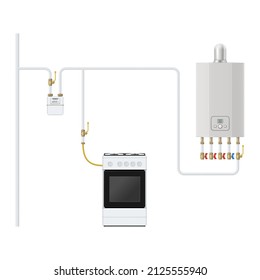 Gas Equipment Connection Diagram. Connecting Gas Meter, Gas Stove And Gas Heater. Vector Illustration.