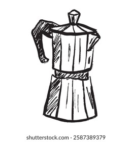 Gas espresso coffee maker, moka pot drawing in black brush stroke texture isolated on white background. Hand drawn vector sketch illustration in vintage charcoal ink. Cafe design, menu, breakfast