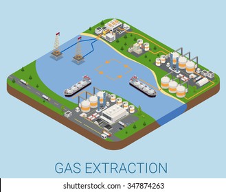 Gas extraction nautical process flat 3d isometry isometric concept web infographics vector illustration. Tanker refinery tower pipeline transportation.