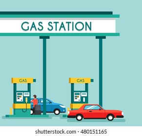 Gas filling station. Energy. Vector flat illustration. Gasoline and oil station with market. Happy customers