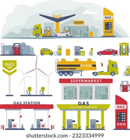 Gas Filling Station as Facility Selling Fuel for Motor Vehicle Vector Set