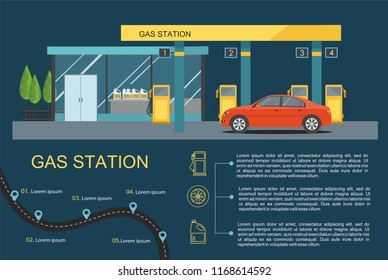 Gas filling station with red car. Business infographic. Vector flat illustration