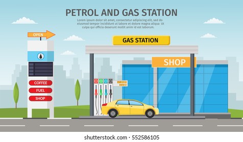 Gas filling station Vector flat illustration oil service with shop infographics elements and background