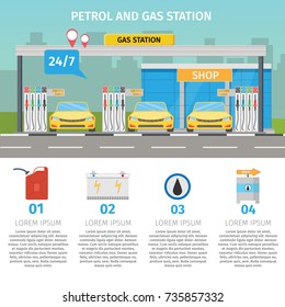 Gas filling station Vector flat illustration of oil service for with shop infographics elements and background