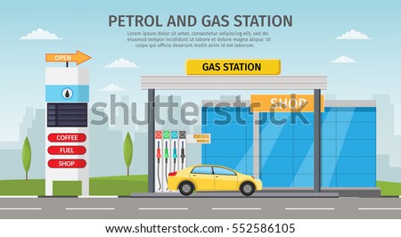 Gas filling station Vector flat illustration oil service with shop infographics elements and background