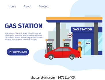 Gas filling station vector web site template. Transport fuel and benzine related service building, red car and cartoon worker illustration. Gasoline, petrol and gas station with shop.