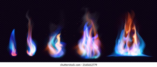 Gas fire PNG. Realistic Burning Propane, Butane Gas Fire Flames with smoke transparent on dark background. Wildfire flames set, burn bonfire silhouette and blazing fiery spurts of flame