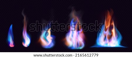 Gas fire PNG. Realistic Burning Propane, Butane Gas Fire Flames with smoke transparent on dark background. Wildfire flames set, burn bonfire silhouette and blazing fiery spurts of flame Foto stock © 