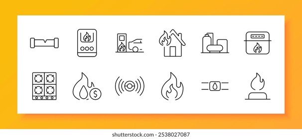 Ícone do conjunto de segurança contra incêndio e gás. Gasoduto, caldeira, estação, fogo da casa, tanque, fogão, queimador, ícone de fogo, alarme de incêndio, chama, vazamento de gás, chama em pé