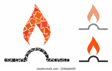 Gas flame composition of tremulant parts in variable sizes and color tinges, based on gas flame icon. Vector ragged parts are grouped into composition. Gas flame icons collage with dotted pattern.