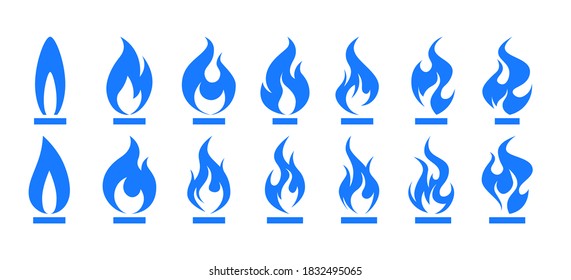 Gas flame icon. Blue fire pictogram set. Vector illustration isolated on a white background in flat style.