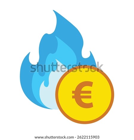 Gas flame icon cost isolated on white. Gas burning with a euro coin sign. High prices of natural gas. Energy crisis symbol, business. Cooker with burning fire propane. Vector illustration EPS