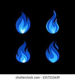 Gas flame icons. Blue fire pictogram set. Vector illustration on a black background in flat style.