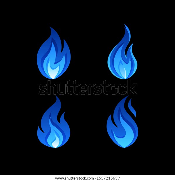 ガスの炎のアイコン 青い火の絵文字セット 平らなスタイルの黒い背景にベクターイラスト のベクター画像素材 ロイヤリティフリー