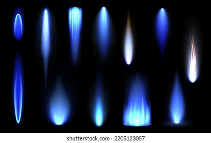 Gas Flame Illuminated Abstract Blue Vibrant Burning Fire Set Realistic Vector Illustration. Glow Flare Flash Flicker Spark Different Shape Danger Hot Energy Aura Natural Methane Light Blaze On Black