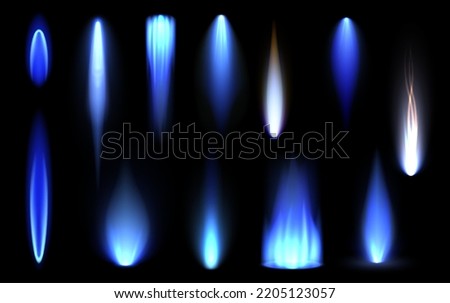 Gas flame illuminated abstract blue vibrant burning fire set realistic vector illustration. Glow flare flash flicker spark different shape danger hot energy aura natural methane light blaze on black