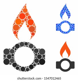 Gas flame mosaic of circle elements in various sizes and color tinges, based on gas flame icon. Vector filled circles are grouped into blue mosaic. Dotted gas flame icon in usual and blue versions.