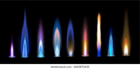 Gas flames set, illuminated abstract vibrant burning fire collection. Vector realistic glowing flares, flash flicker spark of different shape. Danger natural methane flaming or blazing light