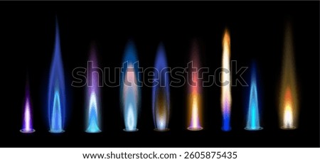 Gas flames set, illuminated abstract vibrant burning fire collection. Vector realistic glowing flares, flash flicker spark of different shape. Danger natural methane flaming or blazing light
