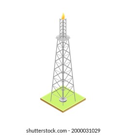 Gas Flare or Flare Stack as Gas Combustion Device at Petroleum Refinery Station Isometric Vector Illustration