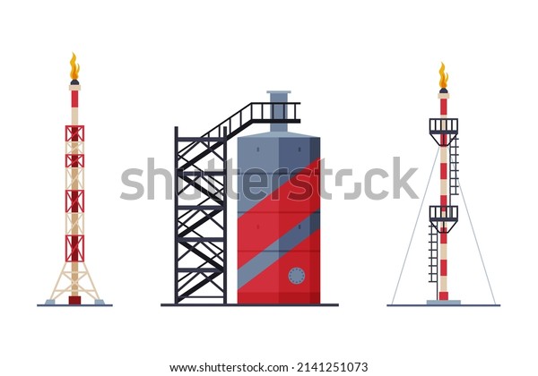 Gas Flare or Flare Stack as Gas\
Combustion Device at Petroleum Refinery Station Vector\
Set