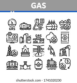 Gas Fuel Industry Collection Icons Set Vector. Gas Truck Cargo Delivery And Carriage Transportation, Station And Derrick, Flame And Barrel Concept Linear Pictograms. Monochrome Contour Illustrations