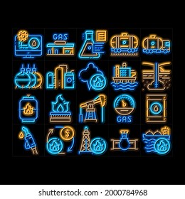 Gas Fuel Industry neon light sign vector. Glowing bright icon  Gas Truck Cargo Delivery And Carriage Transportation, Station And Derrick, Flame And Barrel Illustrations