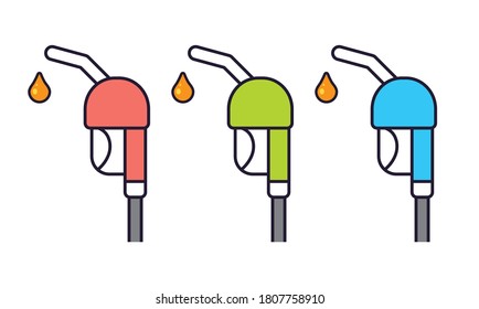 Gas fuel pump nozzle and drop isolated icons cartoon vector set. Gasoline or petrol filling station sign.
