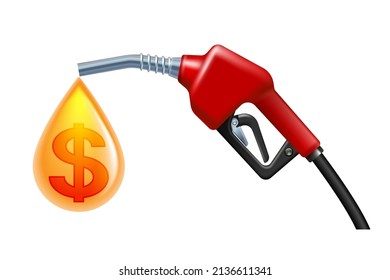 Bomba de combustible con gota amarilla y símbolo de dólar adentro. Ilustración del vector aislada en fondo blanco