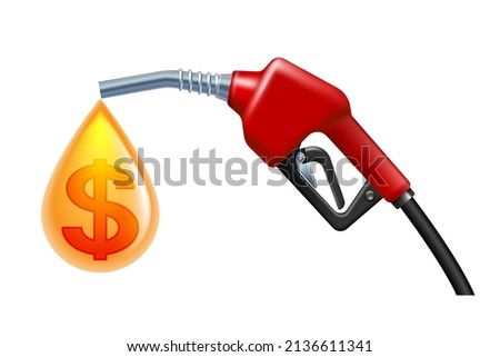 Gas fuel pump with yellow drop and symbol of dollar inside. Vector illustration isolated on white background