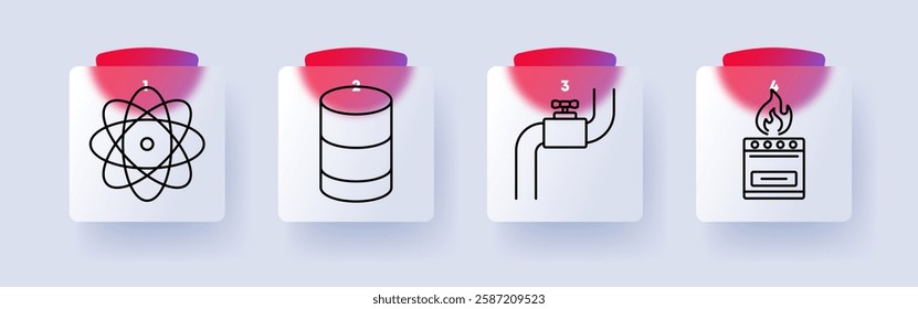 Gas and fuel set icon. Atomic structure, fuel storage tank, pipeline with valve, gas stove, energy supply, resources, industry, petroleum, infrastructure, utilities