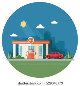 Gas fueling station. Oil industry. Shop near the road. Red car urban landscape. Flat vector illustration