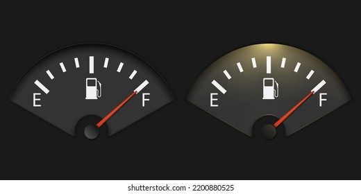 Gas Gage Illuminated. Realistic Fuel gauge showing full. Vector illustration. Eps 10.