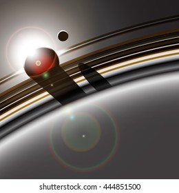 Gas giant's ring system and moon interacting. Star eclipse. Deep space background.