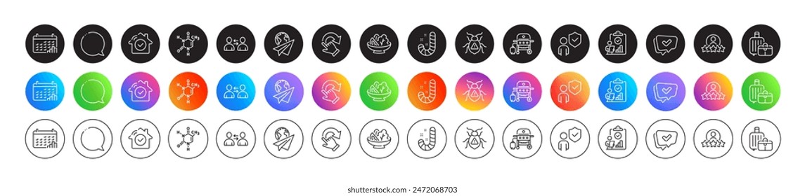 Gas grill, Calendar graph and Speech bubble line icons. Round icon gradient buttons. Pack of Salad, Approved, Chemical formula icon. Paper plane, Rotation gesture, Software bug pictogram. Vector