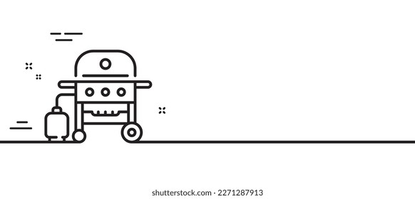 Icono de la línea de parrilla de gas. Fogón de barbacoa para el cartel de comida para cocinar. Símbolo de la carne más brusca. Fondo mínimo de la ilustración de línea. Banner de patrón de icono de la línea de parrilla de gas. Concepto de plantilla web blanca. Vector