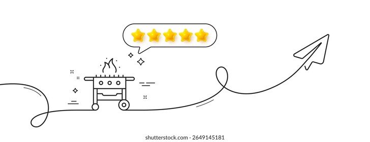 Gas grill line icon. Continuous line with share plane. Barbecue cooker for cooking food sign. Meat brazier symbol. Five star rate review in speech bubble. Gas grill single line ribbon. Vector