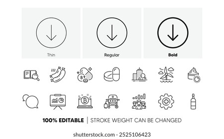 Grade de gás, apresentação e Brandy garrafa linha ícones. Pacote de Mensageiro, Inspecionar, ícone de salsicha grelhada. Bitcoin, moinho de vento, pictograma de creme solar. Vitamina folato, rolar para baixo, Medicamentos. Vetor