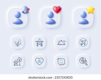 Gas grill, Search flight and Smile face line icons. Placeholder with 3d bell, star, heart. Pack of My love, Grill, Fireworks icon. Romantic dinner, Airplane mode pictogram. Vector